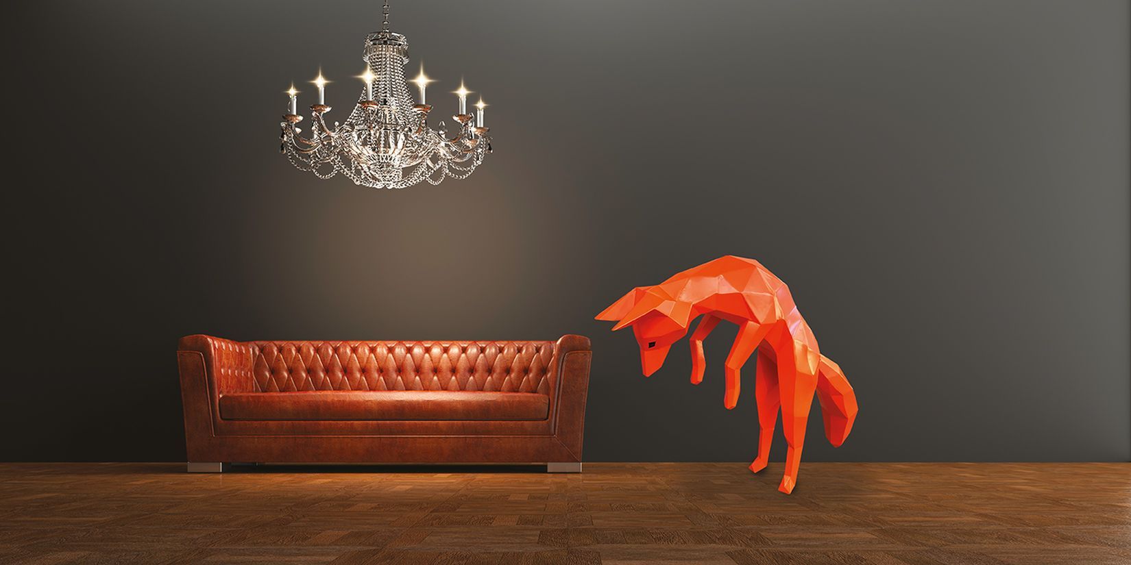 Orange Fox Jumping Next to a Leather Sofa